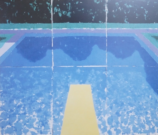 In the style of David Hockney (b.1937), Swimming pool, unsigned, mixed media, 62 x 74cm